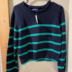 GAP Women's Navy and Green Striped Sweater